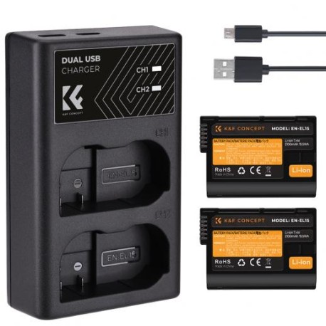 K&F Concept Batería de Cámara Recargable EN-EL15 2pcs + Cargador, para Nikon D7000, D7100, D7200, D750, D850, D810, D800, D800E