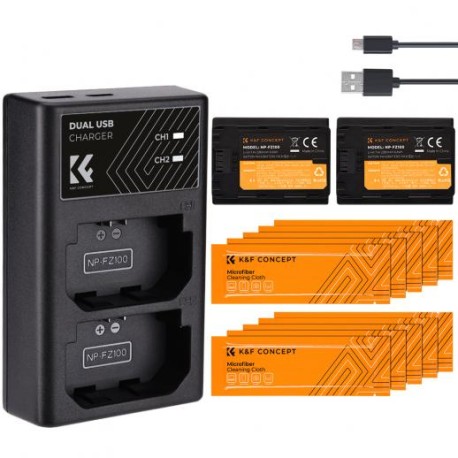 K&F Concept Batería de Cámara Recargable NP-FZ100 2pcs + Cargador + Paños de Limpieza, para Sony Alpha A7 III, A7R III (A7R3), 