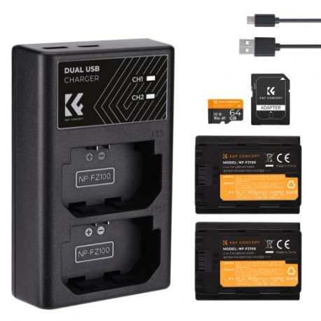 K&F Concept Batería de Cámara Recargable NP-FZ100 2pcs + Cargador + 64GB Tarjeta SD, para Sony Alpha A7 III, A7R III (A7R3), A9