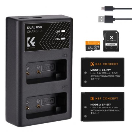 K&F Concept Batería de Cámara Recargable LP-E17 2pcs + Cargador + 64GB Tarjeta SD, para Canon EOS RP, Rebel T8i, T7i, T6i, T6s,