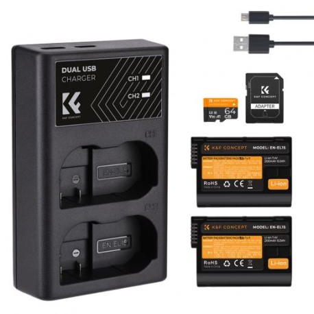 K&F Concept Batería de Cámara Recargable EN-EL15 2pcs + Cargador + 64GB Tarjeta SD, para Nikon D7000, D7100, D7200, D750, D850,